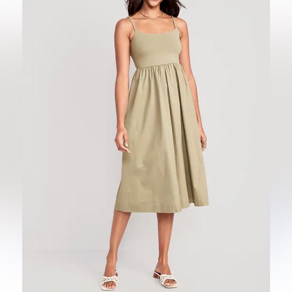 Old Navy tan beige spaghetti strap Fit & Flare cotton Midi vacation sun dress L